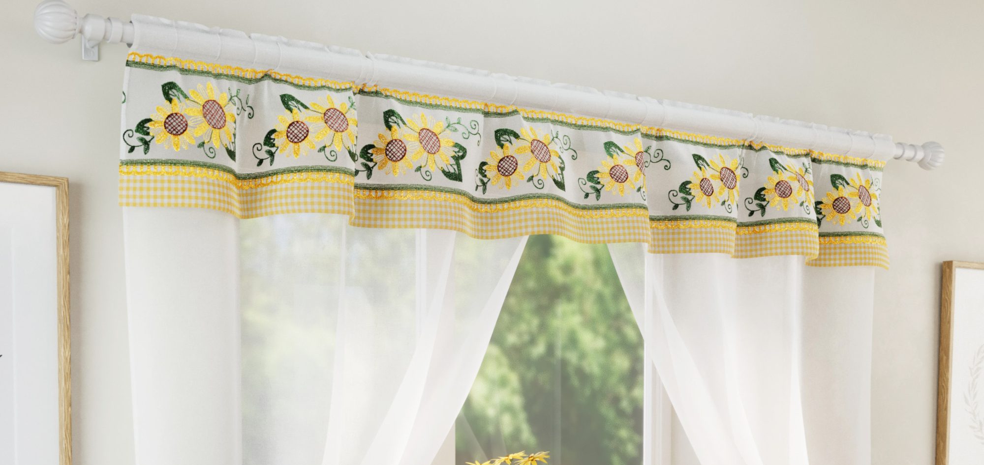 Colourful window set curtains with matching floral valance and white voile panels
