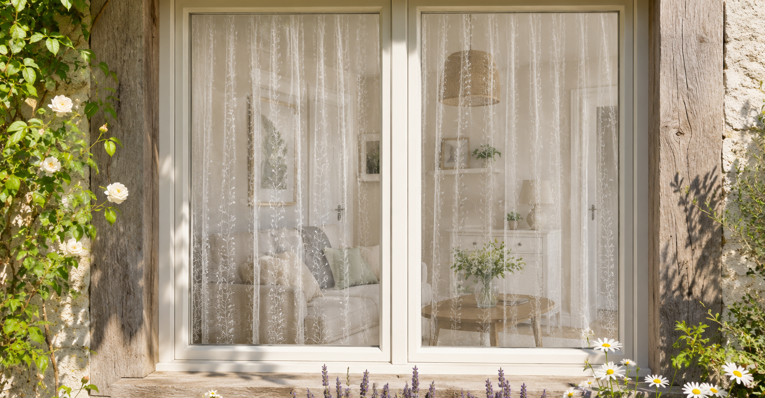 White lace net curtains fitted to patio doors in a bright home
