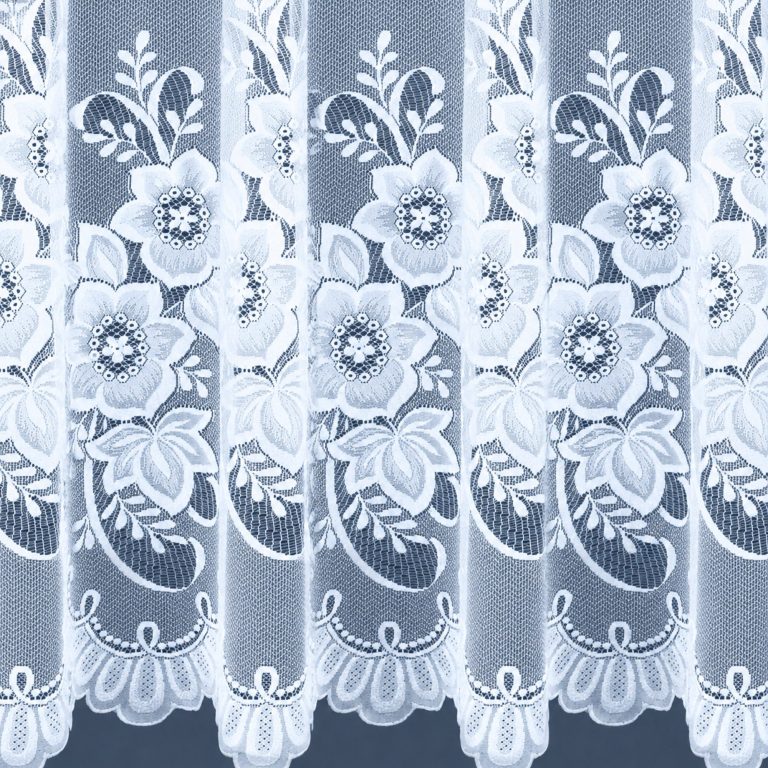 White scalloped hemmed lace net curtains